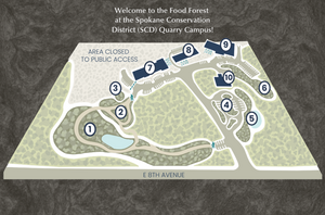 Decorative - Map of the Food Forest at the Spokane Conservation District with numbered areas on a dark background.
