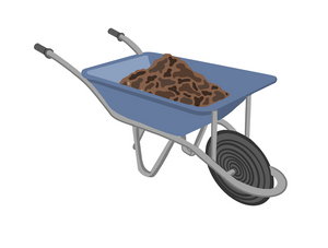 Blue wheelbarrow with soil on a white background
